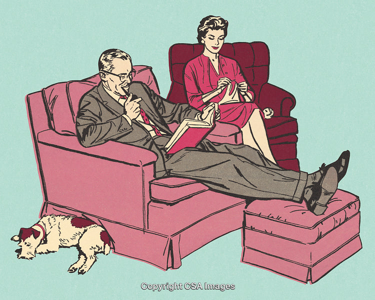 Vintage Illustration of a Relaxing Family Moment with Pet Dog Nearby
