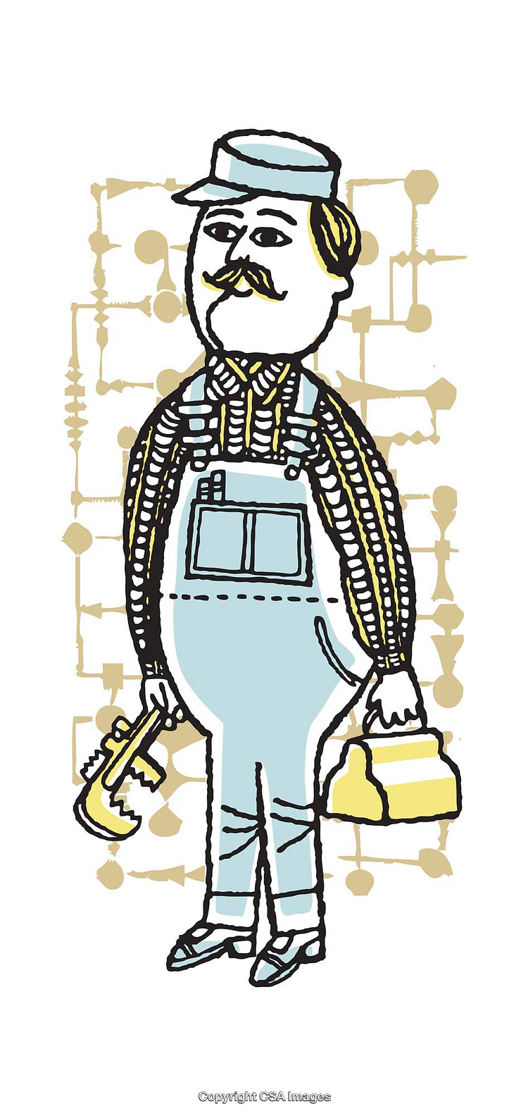 Illustrated Cartoon Plumber Holding Tools and Toolbox in Colorful Art Style