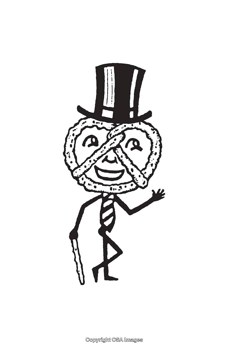 Black and White Line Art Illustration of Pretzel Character in Top Hat