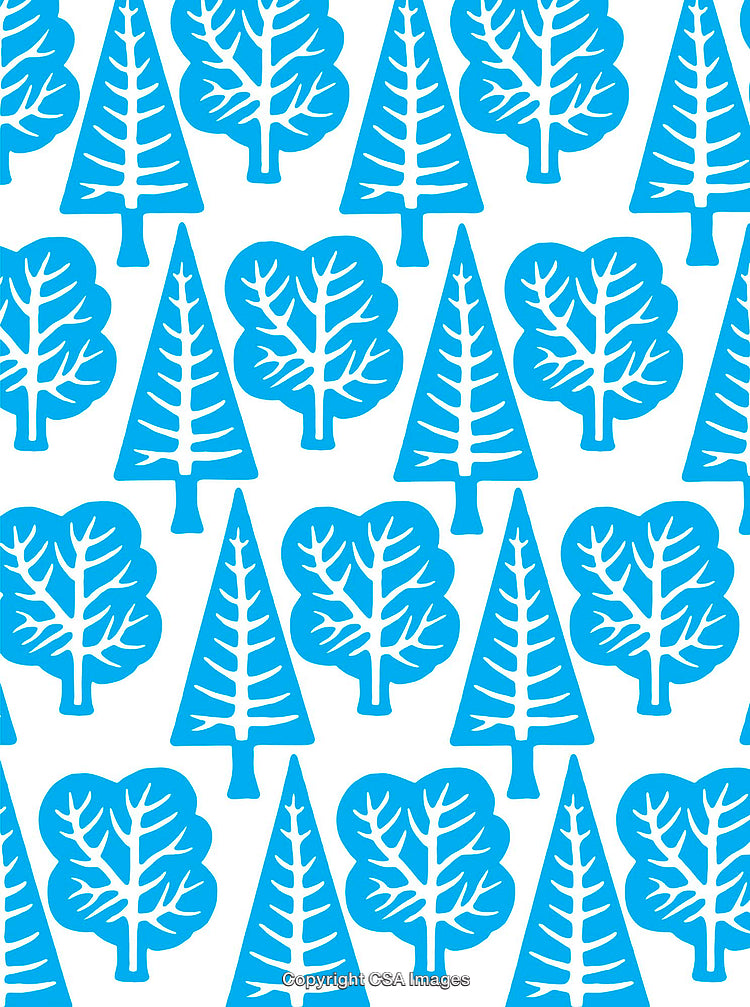 Blue Tree Illustrations Repeated in a Pattern on a White Background