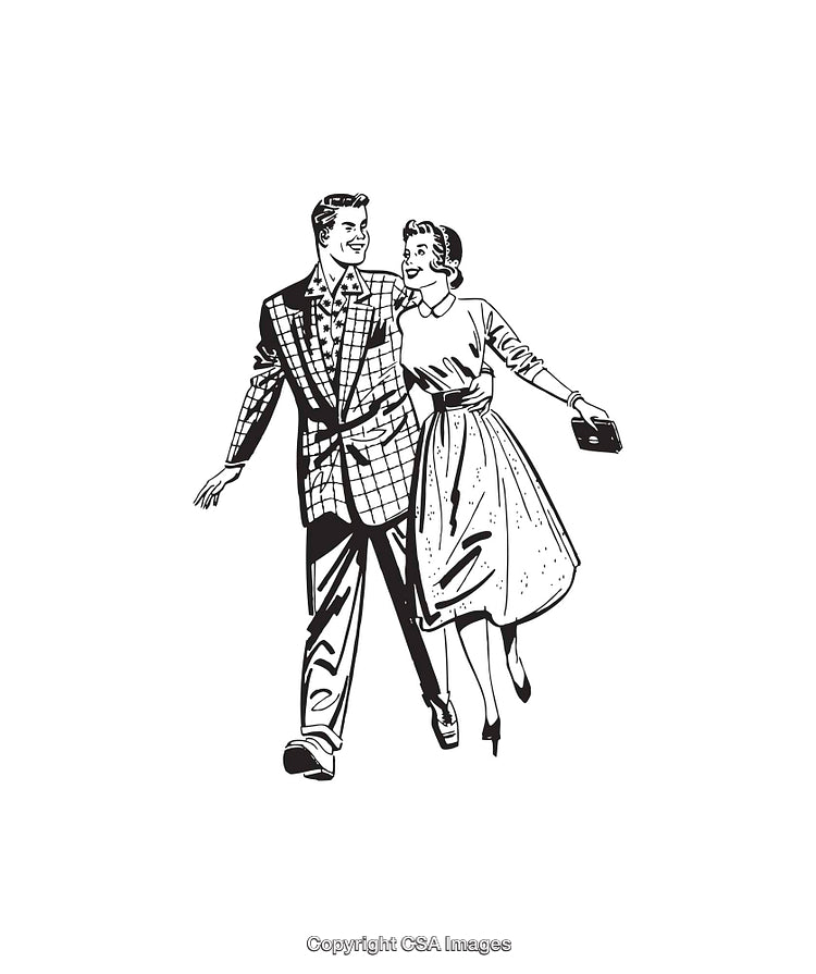 Vintage Illustration of a Stylish Couple Walking Together in Line Art
