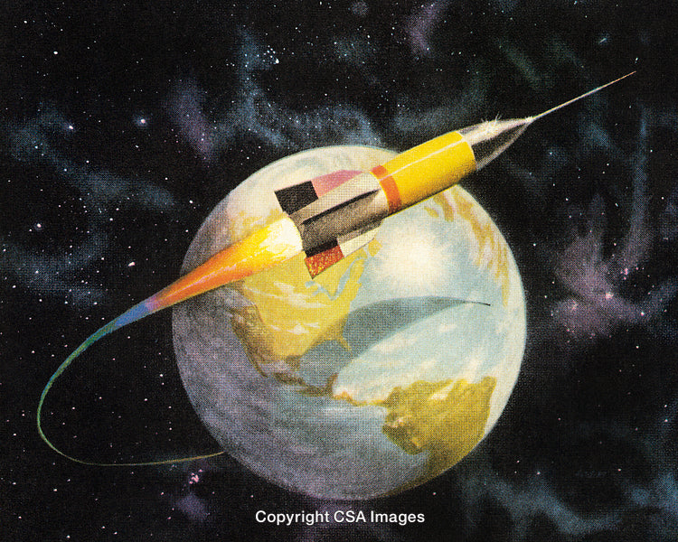 Illustration of a Space Rocket Orbiting Earth With Vibrant Cosmic Background