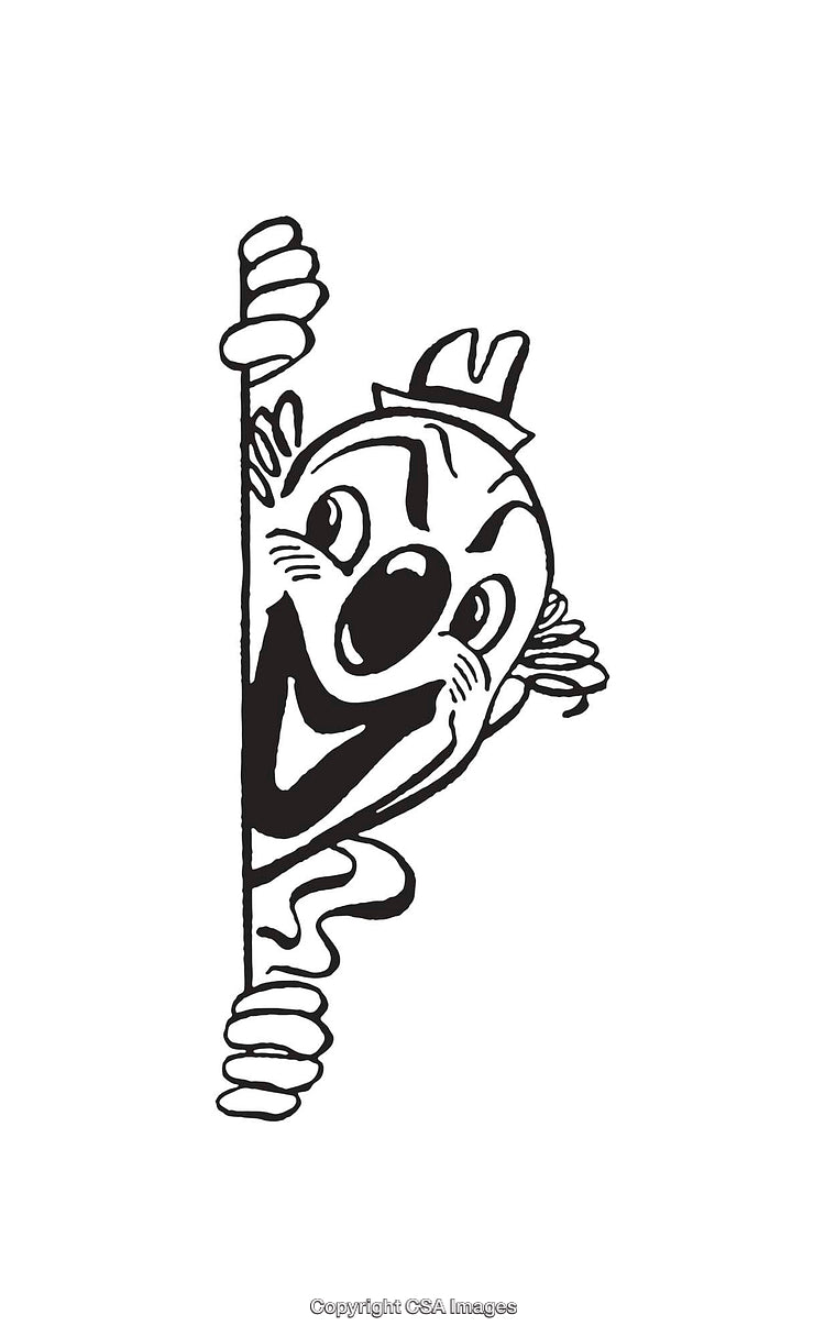 Black and White Line Art of Smiling Clown Peeking Playfully