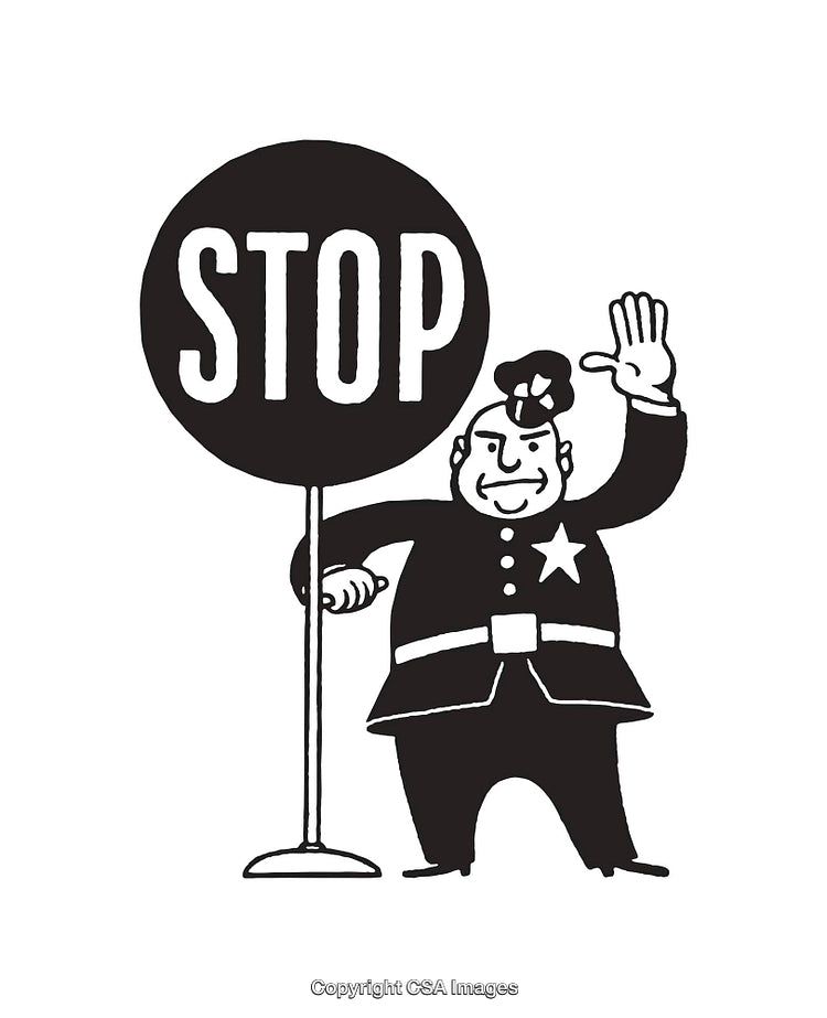 Black and White Line Art of Police Officer with Stop Sign