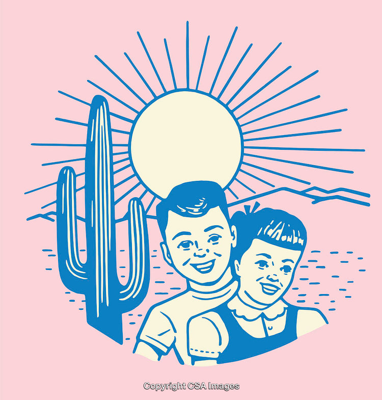 Retro Style Illustration of Happy Children in Desert Landscape with Sun and Cactus