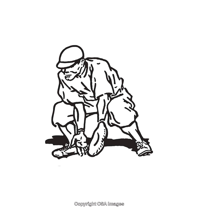 Black and White Illustration of a Baseball Player Fielding a Ground Ball