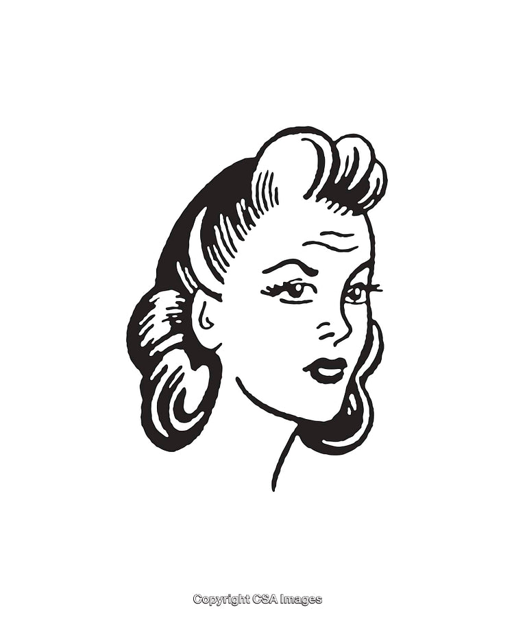 Retro Black and White Line Art of Female Portrait