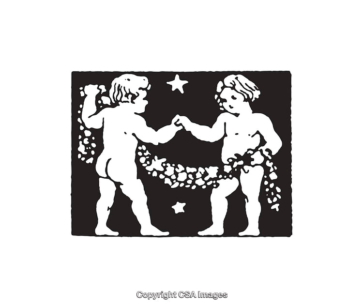 Vintage Cherub Illustration in Black and White Playing Under Stars