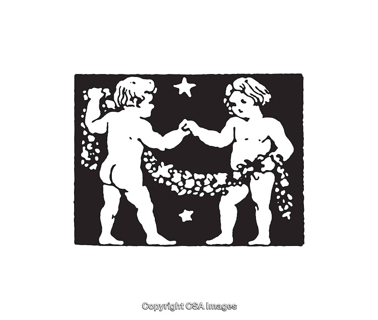 Vintage Cherub Illustration in Black and White Playing Under Stars
