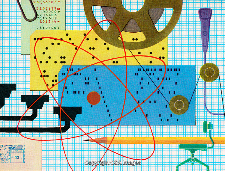 Abstract Composition With Technology and Communication Elements on Grid Background