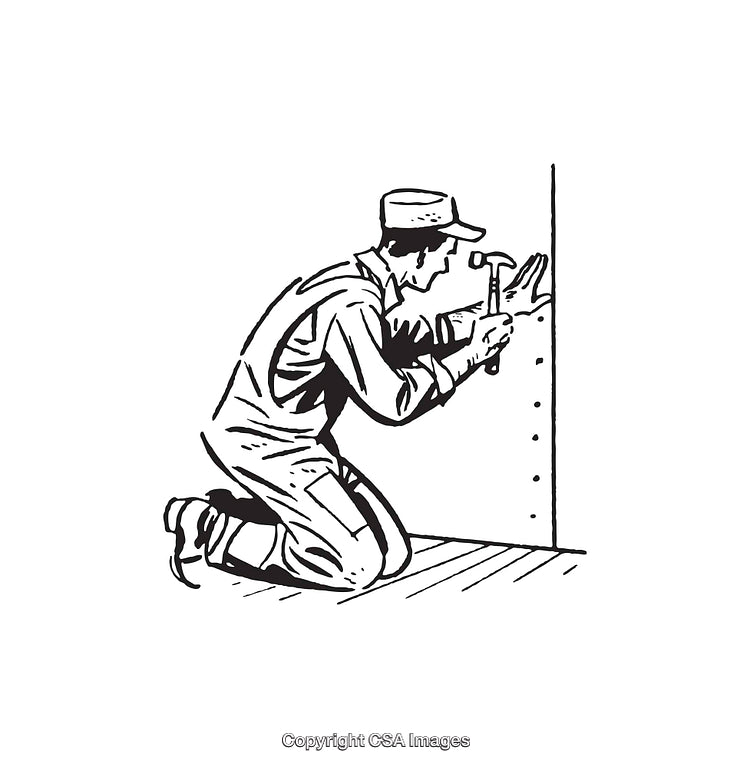 Line Art Illustration of a Carpenter Kneeling and Hammering a Nail