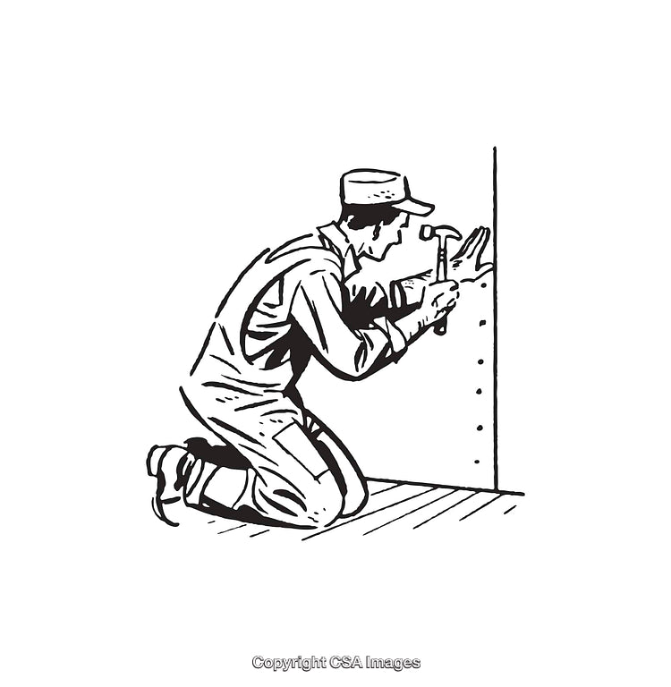 Line Art Illustration of a Carpenter Kneeling and Hammering a Nail