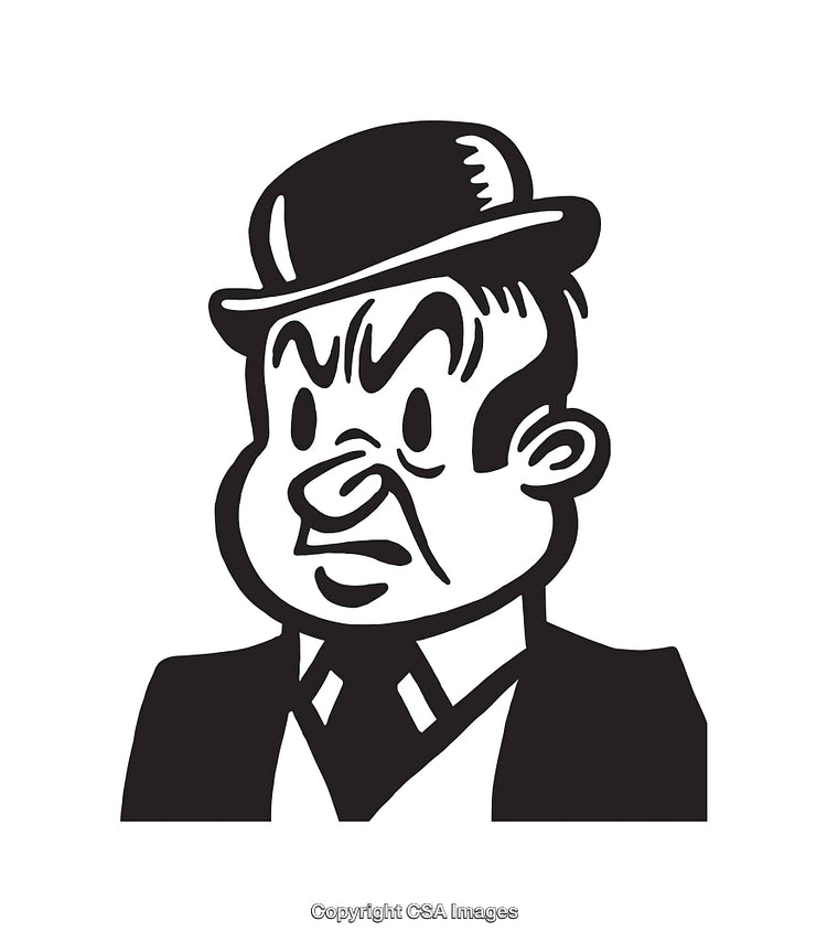 Black and White Cartoon Illustration of a Man in a Bowler Hat