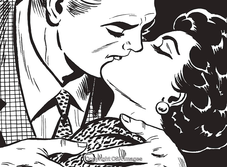 Romantic Kiss in Vintage Black and White Pop Art Style