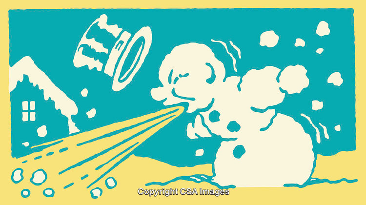 Snowman Blowing Snow in Nostalgic Vintage Styled Winter Artwork