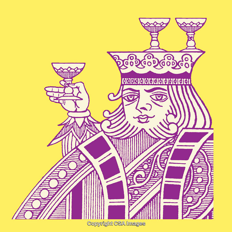 King of Cups Line Drawing in Yellow and Purple Tones
