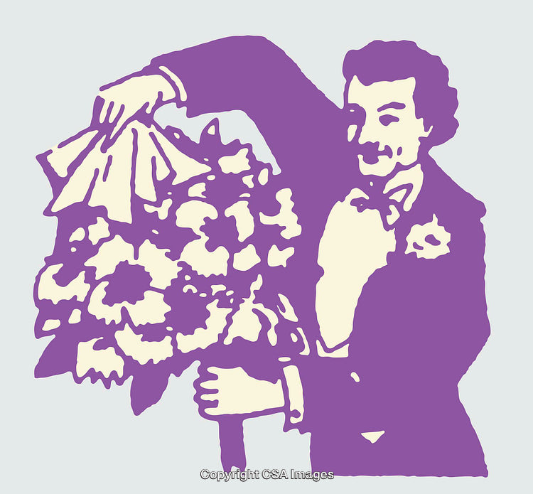 Vintage Illustration of a Gentleman Holding a Bouquet of Flowers