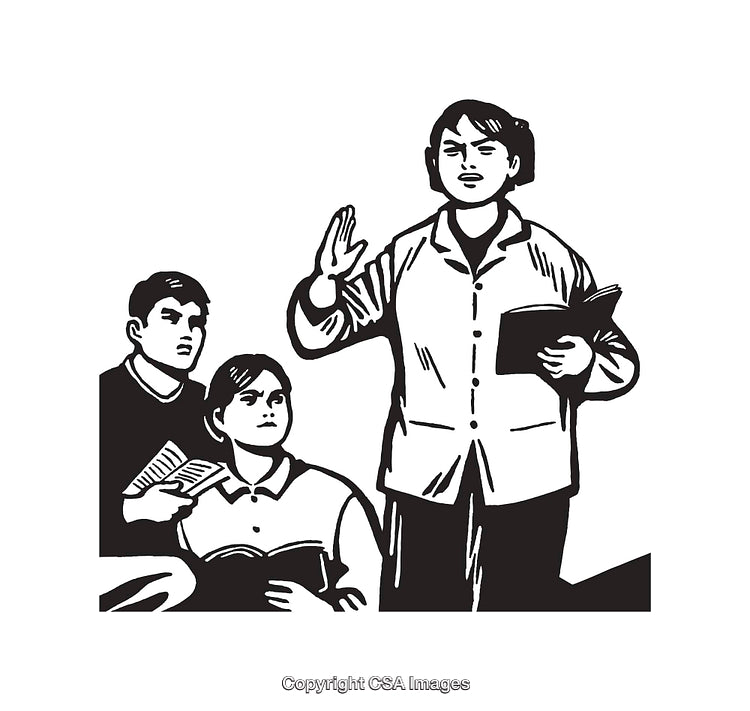 Black and White Artwork of Figures Holding Books and Gesturing