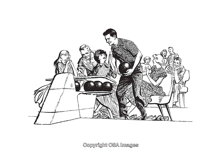 Vintage Line Art of Family Bowling Experience in 1950s Style