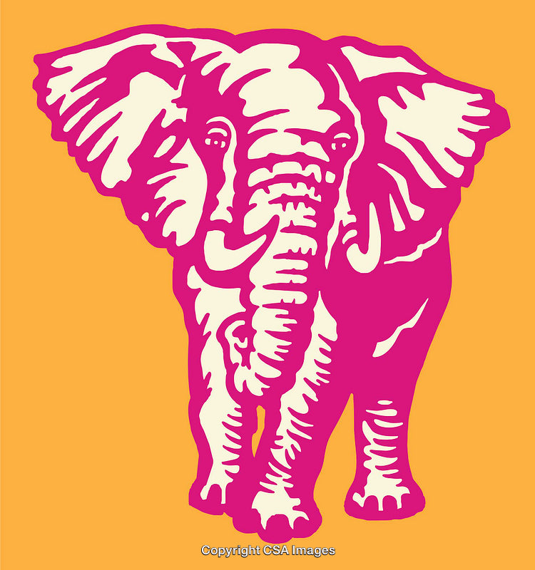 Vivid Pink Elephant Illustration on Bright Yellow Background