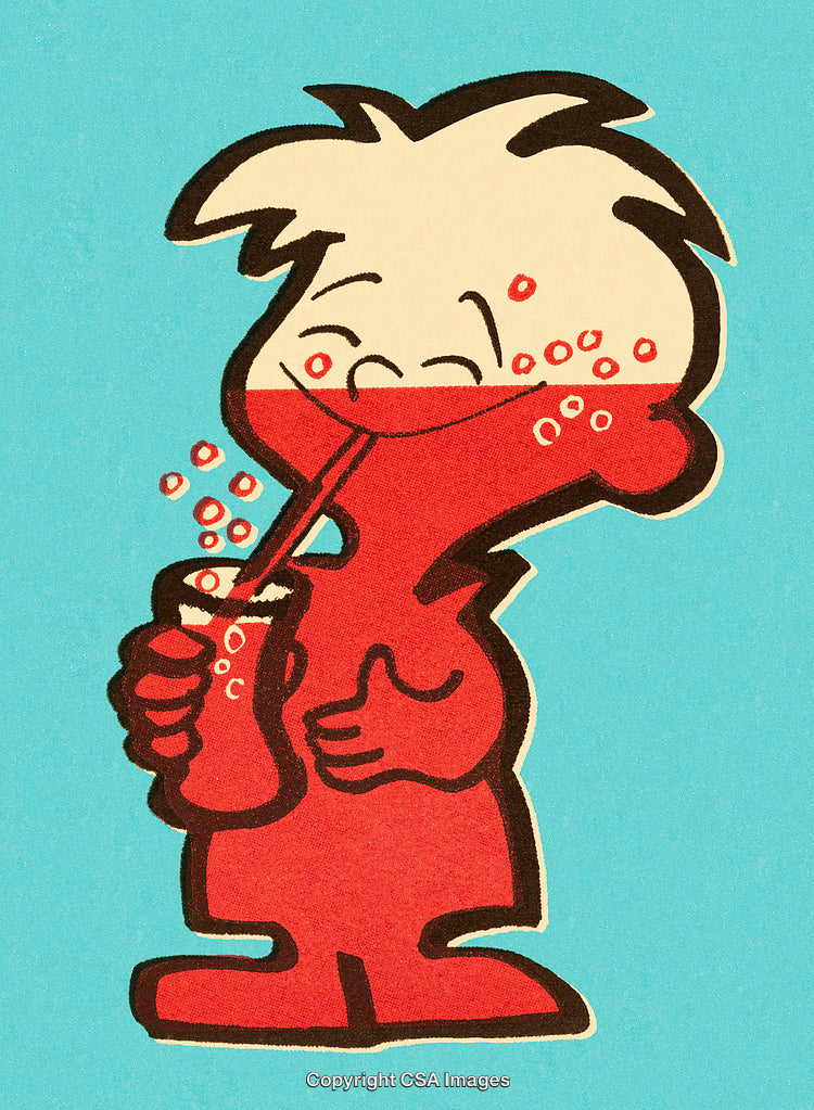 Illustration of a Cartoon Character Drinking Soda with Enthusiastic Expression