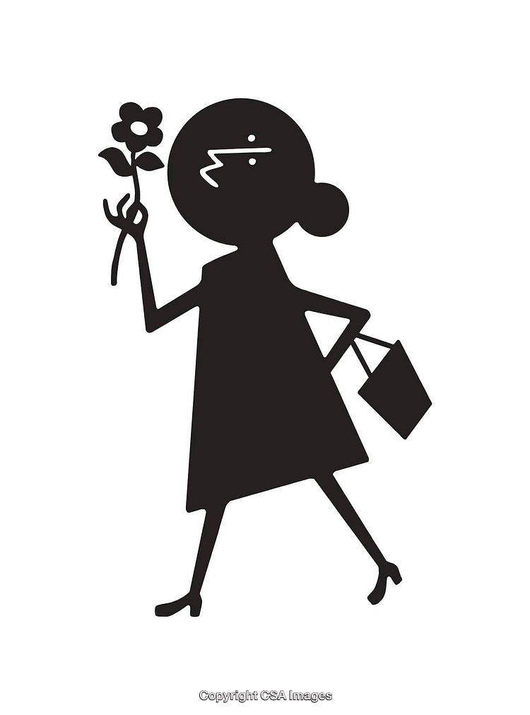 Black And White Illustration of a Lady Holding a Flower and Shopping Bag
