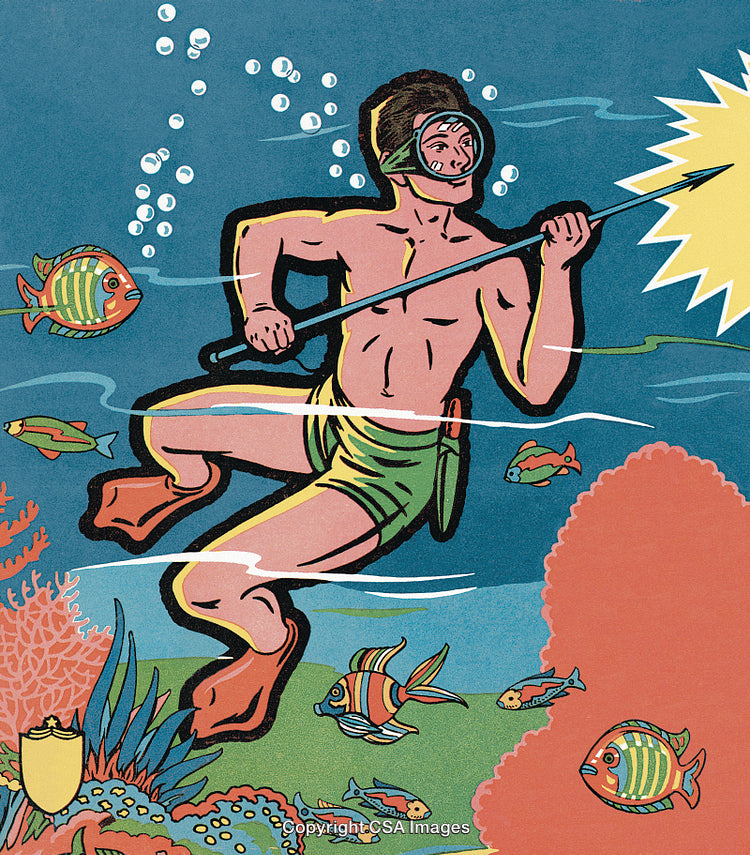Retro Illustration of Spearfishing Diver Surrounded by Colorful Tropical Fish Underwater