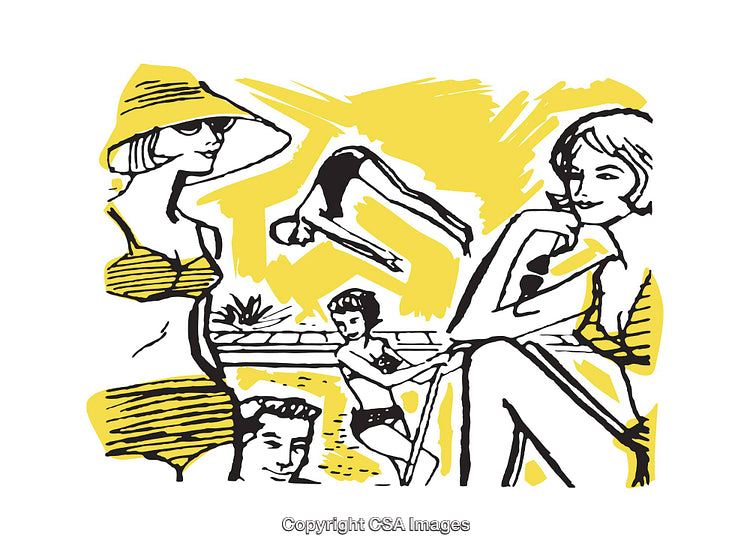 Retro Illustration of People at a Poolside Gathering in Yellow Tones
