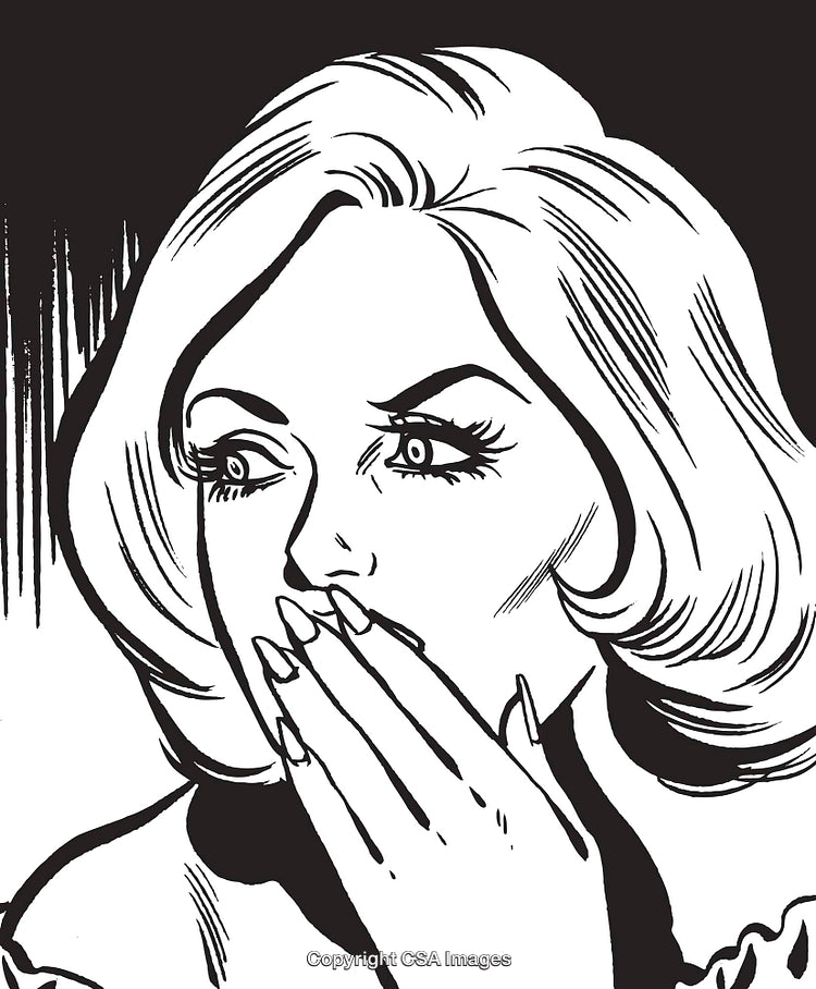 Surprised Woman in Retro Comic Style Covering Mouth with Hand