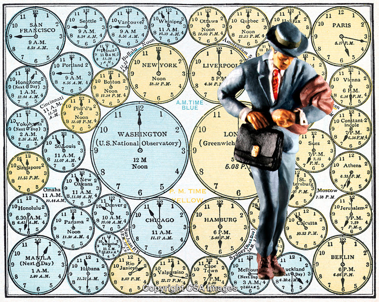 Vintage Time Zone Chart with a Businessman Figure Illustration