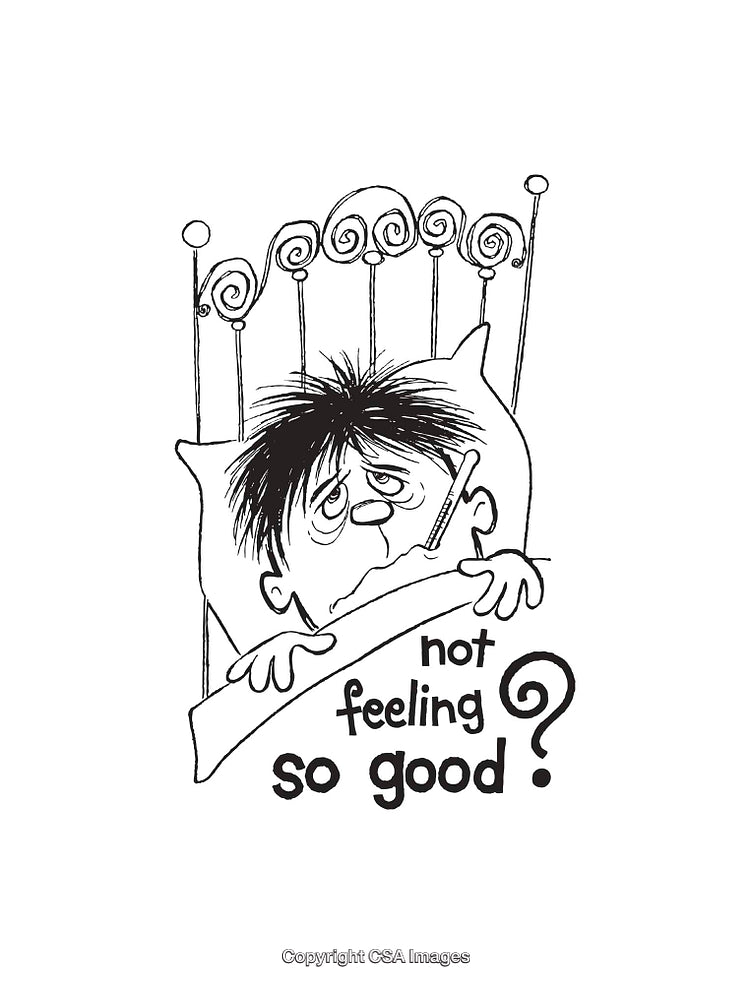 Black and White Illustration of Sick Person Feeling Unwell in Bed