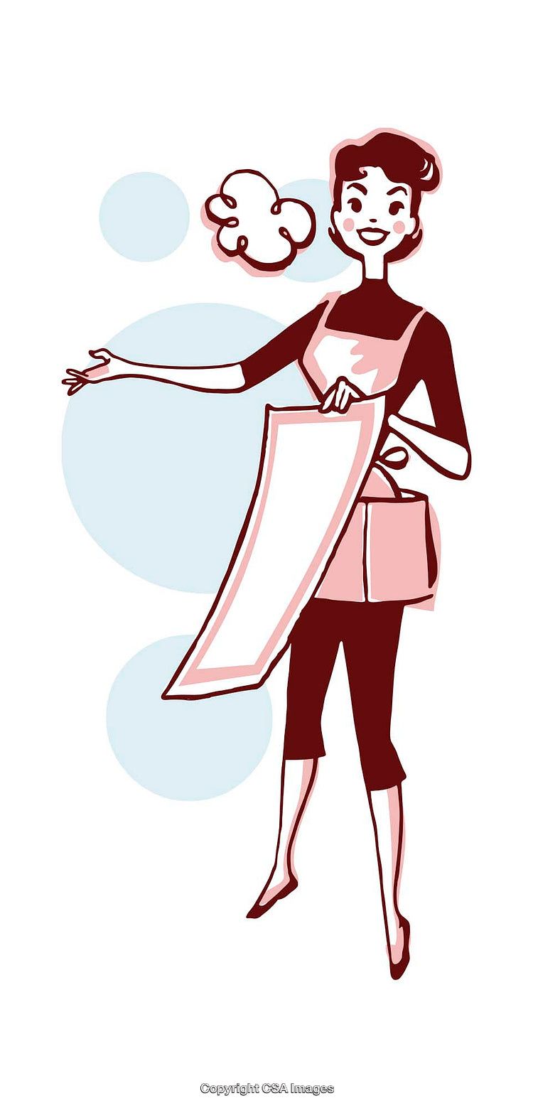 Retro Style Illustration of a Smiling Woman Holding a Menu or Towel