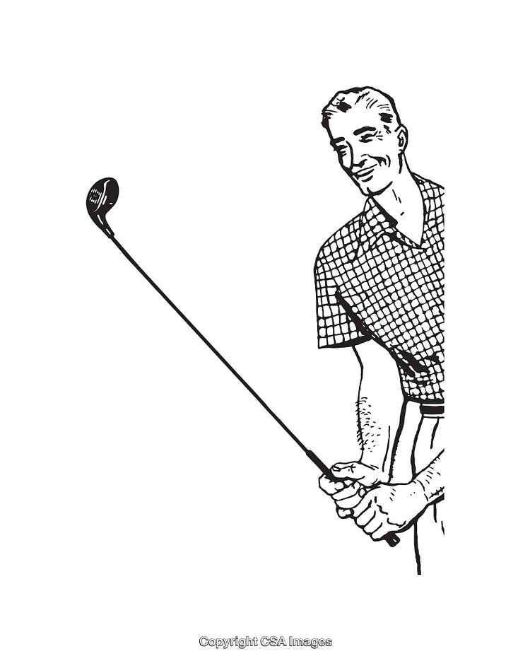 Black and White Line Art of Man Playing Golf with Club