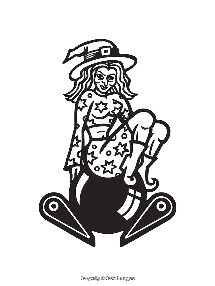 Black and White Line Art Illustration of a Stylized Witch Sitting