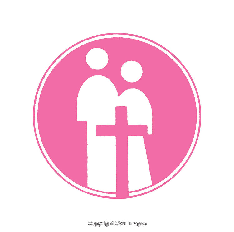 Pink Icon with Two Figures and a Cross Symbol