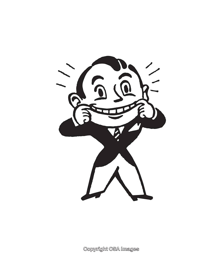 Retro Black-and-White Illustration of a Man Smiling Broadly in a Suit