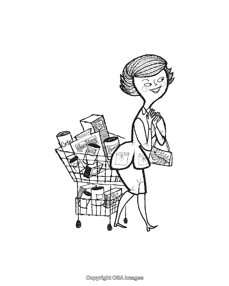 Black and White Line Art Illustration of Woman Grocery Shopping