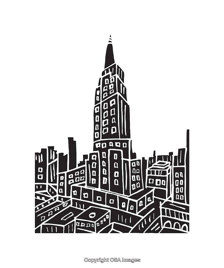 Black and White Line Art Illustration of a Modern City Skyline