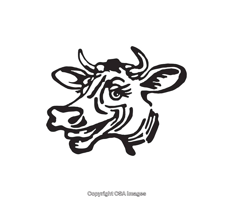 Black and White Line Art Illustration of a Smiling Cow Face