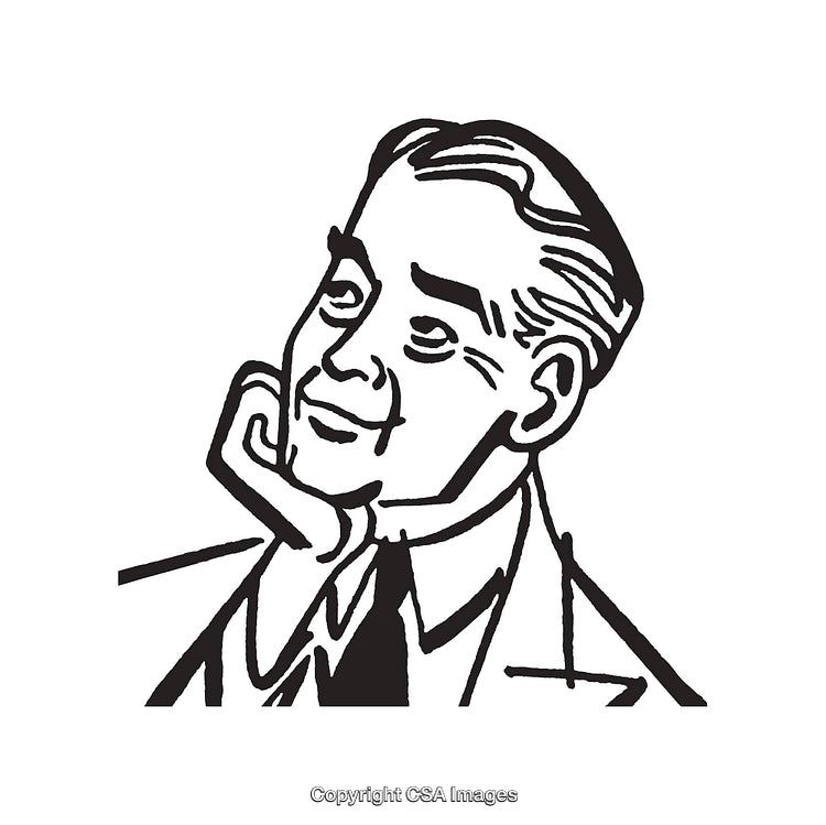 Retro Line Art Illustration of a Thoughtful Gentleman in Black and White