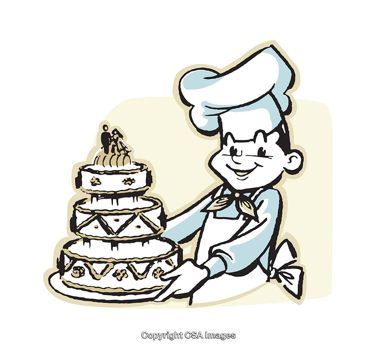 Illustration of a Chef Presenting a Decorative Boxed Wedding Cake