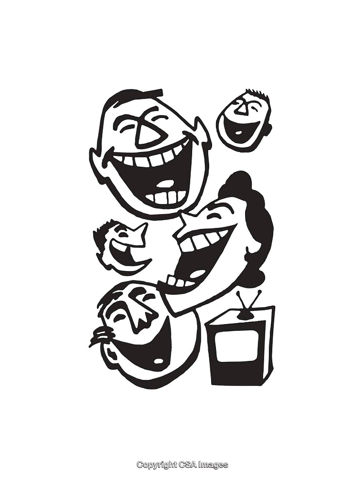 Black and White Cartoon Illustration of Laughing Faces Watching Television
