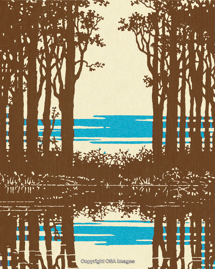 Serene Forest Scene with Lakeside Reflection and Vibrant Blue Water