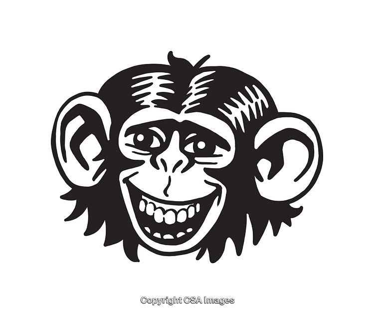 Black and White Smiling Monkey Illustration with Bold Line Art Style