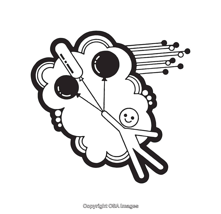 Abstract Line Art with Clouds, Balloons, and a Happy Figure