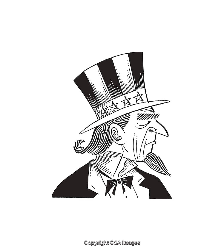 Black and White Line Art of Patriotic Man with Hat
