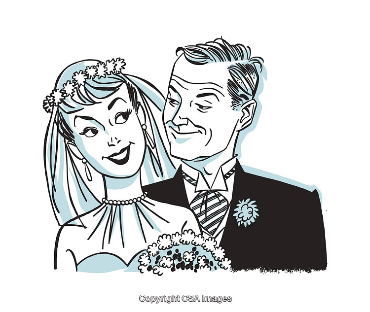 Retro Illustration of a Smiling Bride and Groom on Their Wedding Day