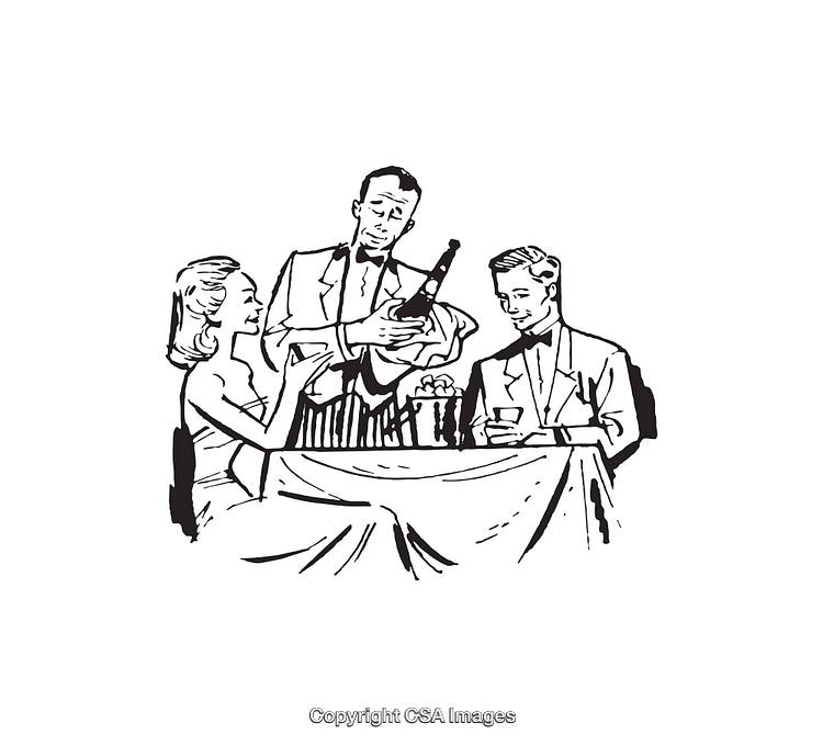 Vintage Line Art of Dining Scene with Guests and Waiter Opening Wine