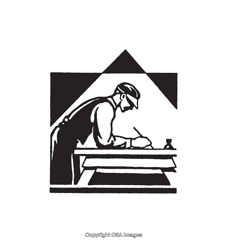 Black and White Illustration of a Worker Working at a Desk