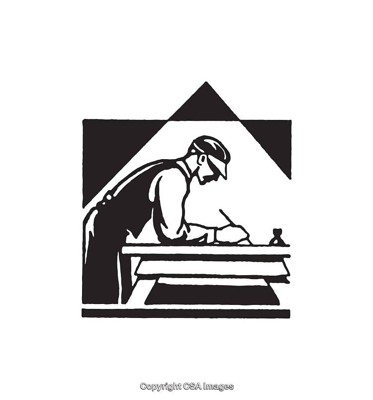 Black and White Illustration of a Worker Working at a Desk